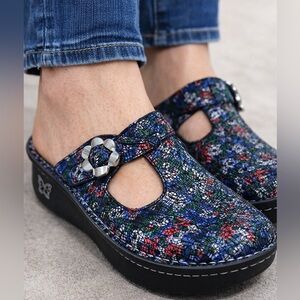 Alegria PG Lite Sparkle Blue Floral Mules with Silver Adjustable Buckle size 37